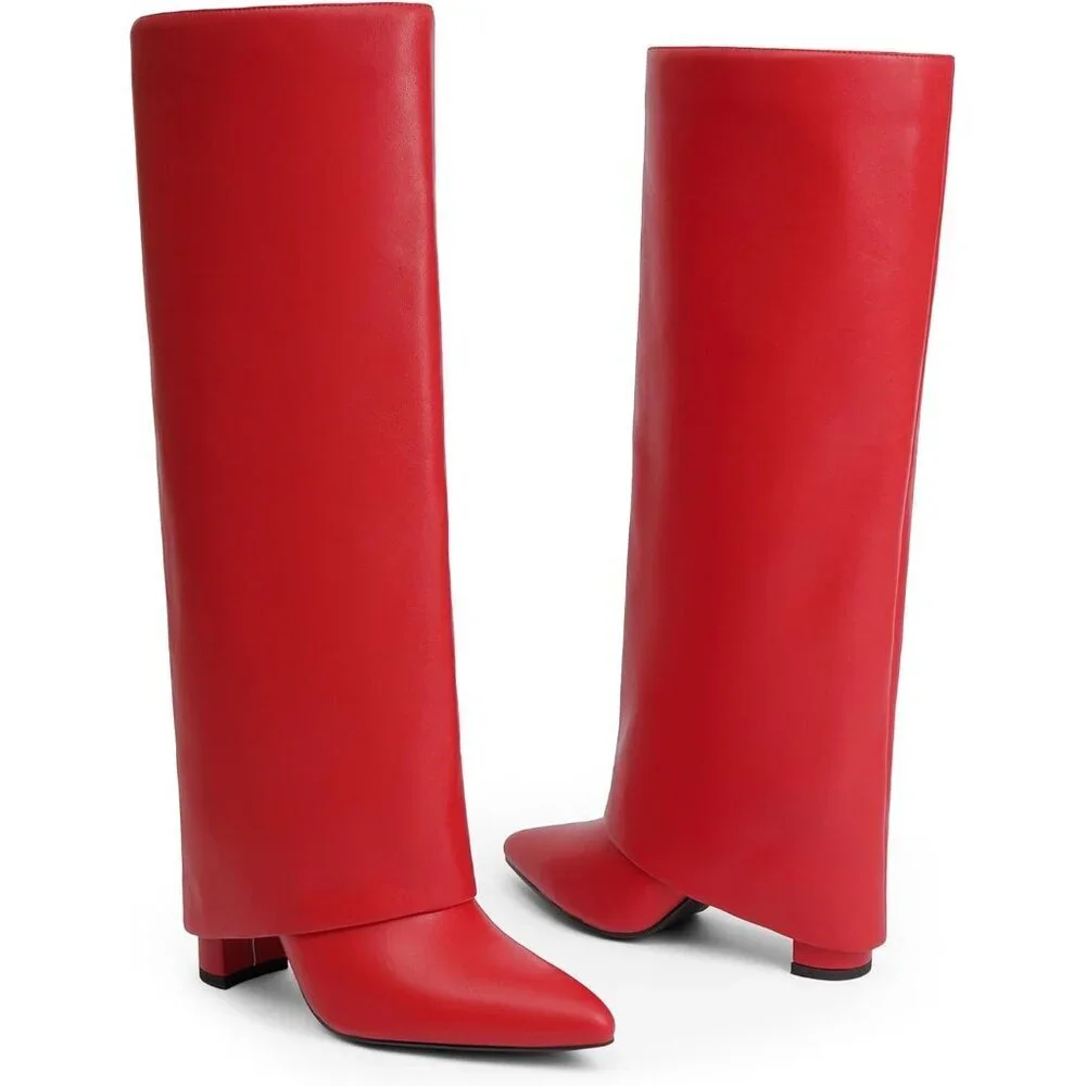 Women Red Pu Leather Fold Over Knee High Dress Tall Chunky High Heels Long Boot